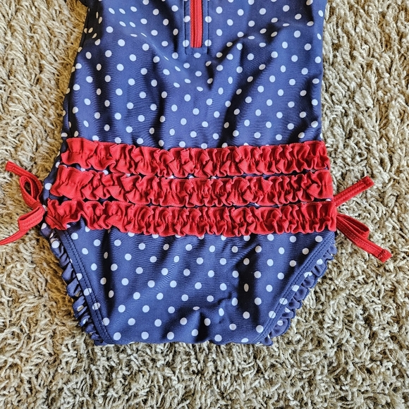 Ruffle Butts Baby Swimsuit Navy Polka Dot and Striped Size 18-24m - Picture 4 of 5